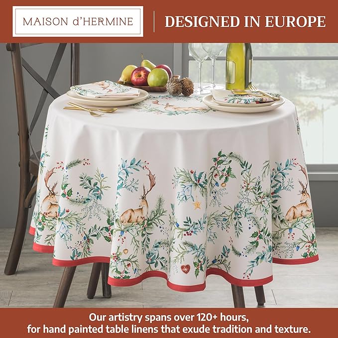 Maison d' Hermine Table Cloth Round Table 100% Cotton 63 Inches Fall Tablecloth Reusable Everyday Use for Thanksgiving Christmas Decorations Dining Farmhouse Party (Holly Time)