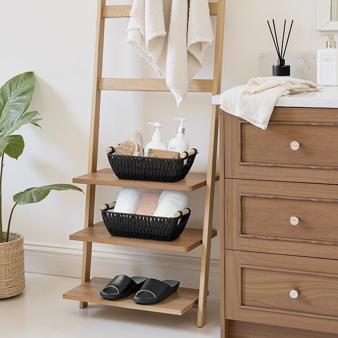 StorageWorks Black Wicker Storage Basket for Organizing with Wooden Handles, Small Woven Basket for Shelf, Toilet Paper, 2-Pack