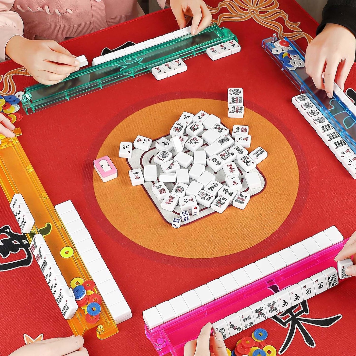 Mahjong Racks with Pushers,4 Colors Acrylic American Majiang Tile Racks,Imports Modern Mahjong Racks with Built-in Pushers- Set of 4