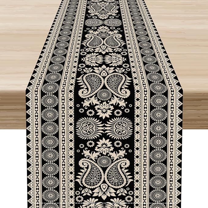 Black Paisley Table Runner, Rustic Damask Antique Floral Flower Retro Boho Swirled Pattern Coffee Vintage Table Center Decor for Family Kitchen and Living Room Outdoor Table Decorations, 13" X 36"