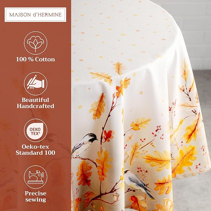 Maison d' Hermine Table Cloth Round Table 100% Cotton 63 Inches Fall Tablecloth Reusable Everyday Use for Thanksgiving Christmas Decorations Dining Farmhouse Party (Oak Leaves)
