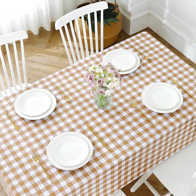 Romanstile Rectangle Vinyl Tablecloth, 100% Waterproof Buffalo Gingham Plastic Table Cloth, Heavy Duty Wipeable Checkered Table Covers for Outdoor, Camping, Picnic, Patio - 60 x 84, Coffee and White