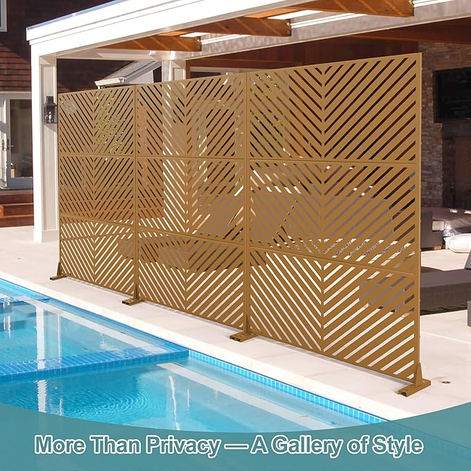 Metal Privacy Screen Outdoor Freestanding Privacy Wall Panels and Decorative Patio Dividers,Crafted from Steel with Sun-Proof Design, Ideal for Patio, Deck, Garden,72" H×47" L,（Brown&Parallel
