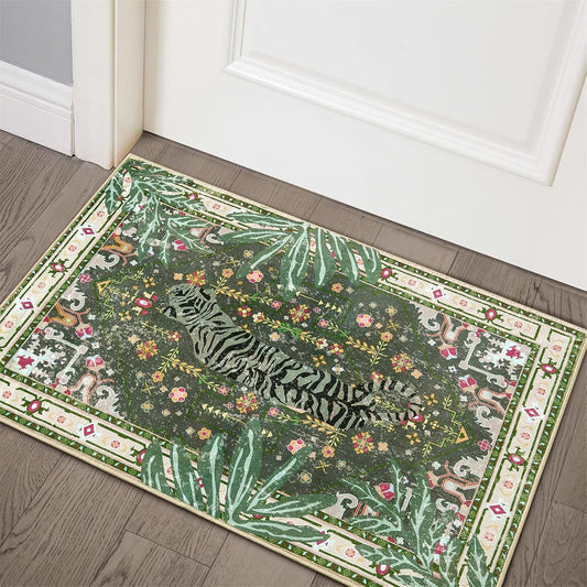 Oriental Tropical Entryway Rugs Washable, Greyish Green Boho Vintage Distressed Hippie 2x3 Throw Rugs for Bathroom Kitchen Entryway Indoor Non-Slip Abstract Botanical Tribal Accent Carpet