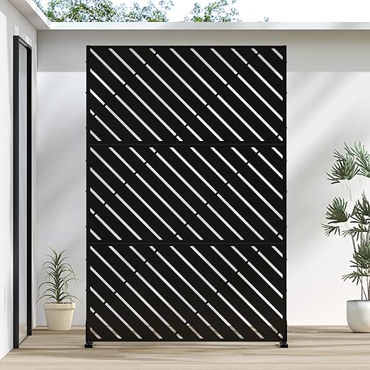 Casaphoria 72" H x 47" W Metal Outdoor Privacy Screen, Freestanding Decorative Divider for Patio, Deck, Balcony, and Garden with Stable Base, Black Bernard