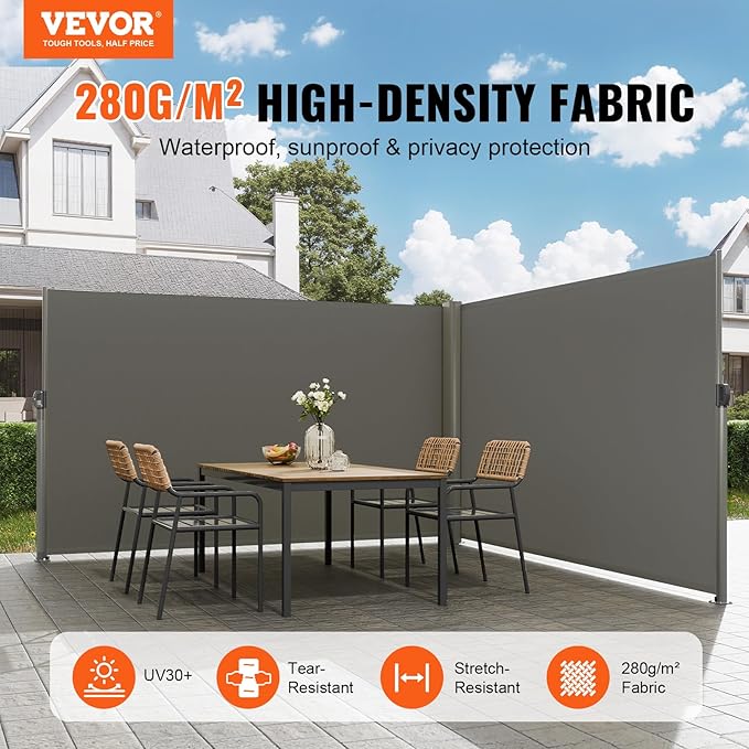 VEVOR Retractable Side Awning, UV 50 71''x 236'' Full Aluminum Rust-Proof Patio Sunshine Screen, 280 g Thicken Privacy Divider & Wind Screen for Courtyard, Balcony, Roof Terraces and Pools, Gray