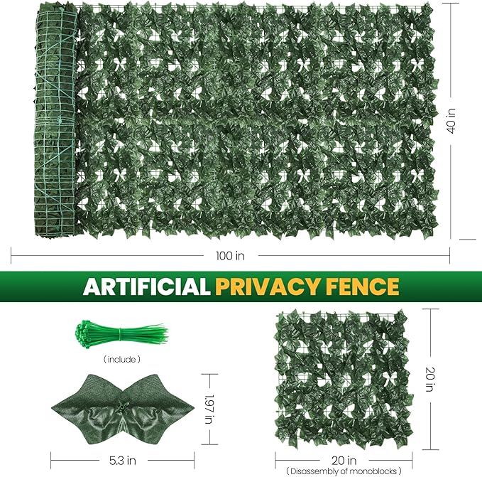 KASZOO Artificial Ivy Privacy Fence Screen, 100x40 in, 10 Pack, Green, Plastic & Polypropylene, Garden Style