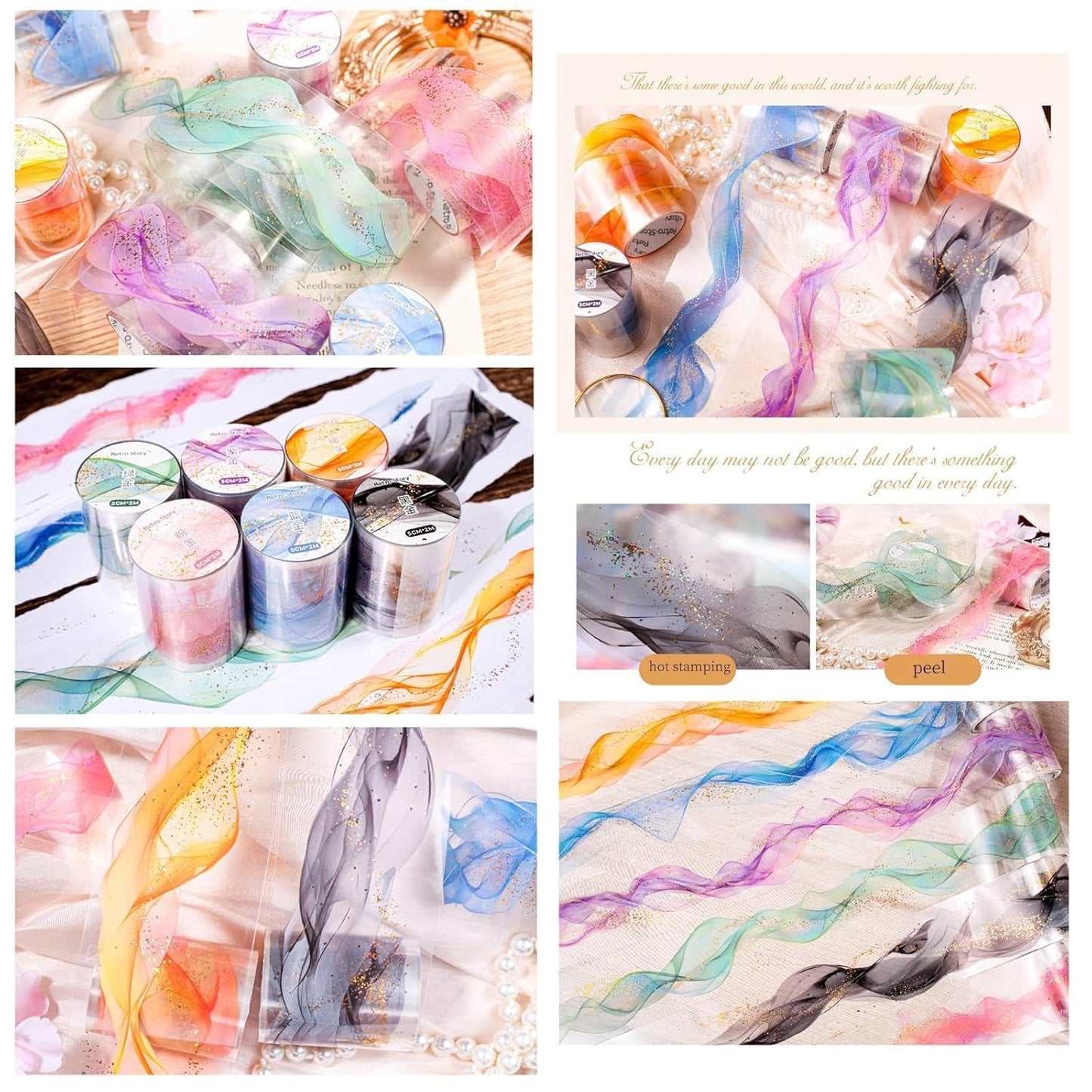 6 Rolls Transparent PET Tape Set,Self-Adhesive Colourful Washi Tape for Scrapbook Supplies Notebook Photo Album Junk Journal Diary Journaling(Flowing Gold)