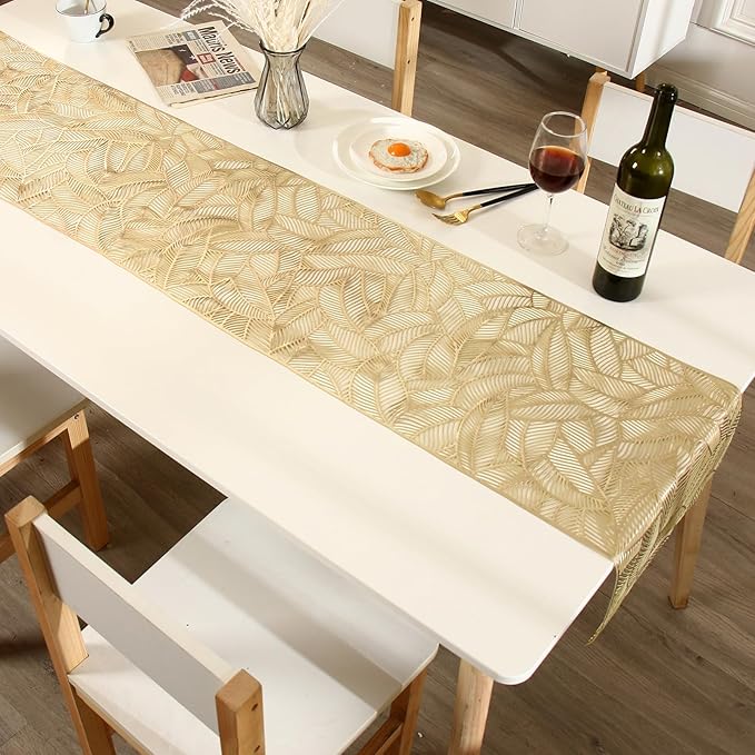 FAVE Gold Table Runner 72 inches Long Heat Resistant Hallowed-Out Vinyl Waterproof Washable Dinning Runner for Wedding, Banquet, Birthday, Party, Restaurant(Gold Rectangle)