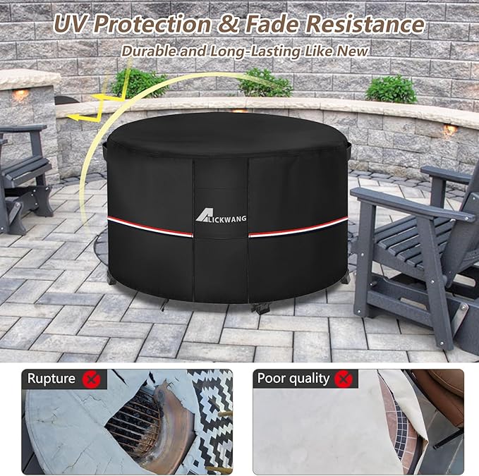 Fire Pit Cover Round 34 Inch Waterproof,Outdoor Heavy Duty Durable 600D Tear-Resistant Fire Pit Table Cover,Patio Round Firepit Cover 34" D x 15" H, Black