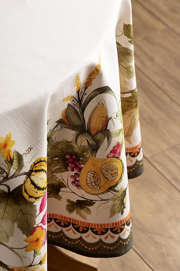 Maison d' Hermine Table Cloth Round Table 100% Cotton 63 Inches Fall Tablecloth Reusable Everyday Use for Thanksgiving Christmas Decorations Dining Farmhouse Party (Pumpkin Garden - Cloudy Cream)