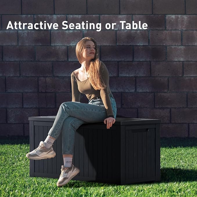 DRATO 200 Gallon Deck Box, Waterproof Resin Large Outdoor Storgae Box for Patio Furniture, Patio Cushions, Gardening Tools, Pool Supplies, Lockable（Black，200 Gallon）