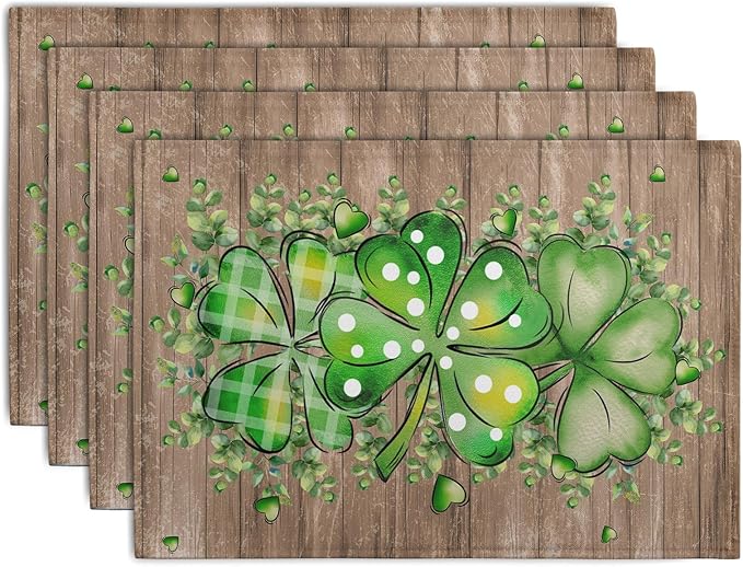 St Patricks Day Eucalyptus Leaves Placemats Set of 4, 12x18 Inch St Patrick Wooden Plank Dining Table Placemats Shamrock Spring Washable Heat Resistance Table Mats for Kitchen Dining Decor