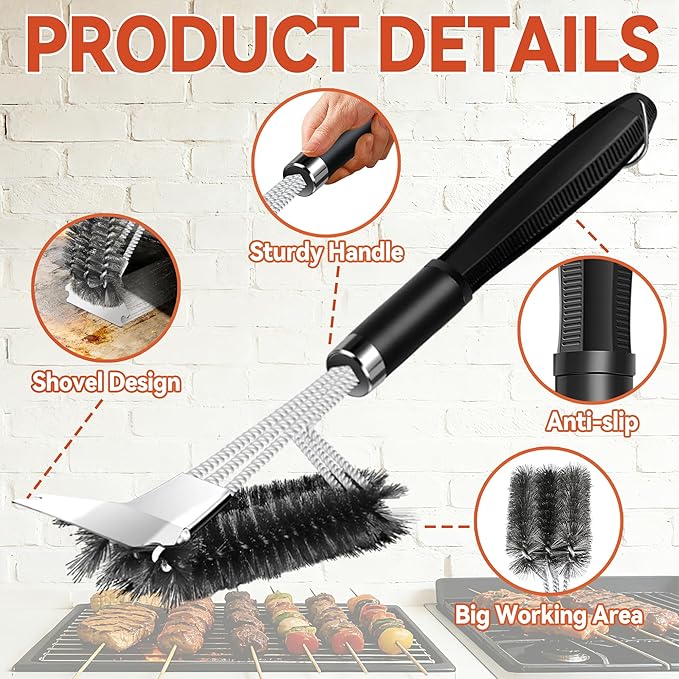 Grill Brush with Scraper,Adjustable Handle BBQ Grill Brush,Extra Strong Grill Cleaning Brush,Hangable Grill Brush for Outdoor Grill/Smoker,Ideal BBQ Grill Cleaning Kit Gifts for Outdoor Wizard