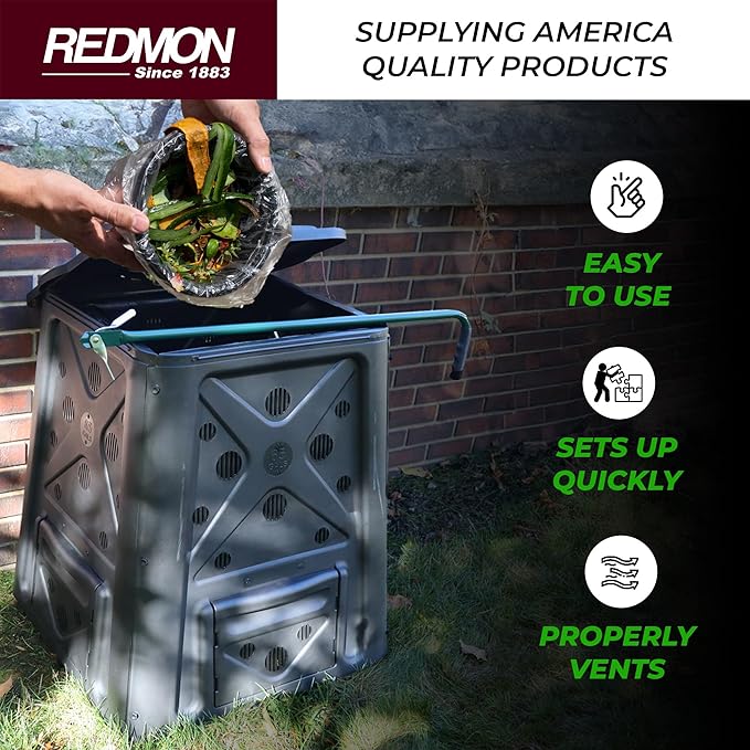 Redmon Outdoor Compost Bin with Lift Off Lid, 4-Door Access & Vent Holes, 65 Gallon, Black - Composting Bin Container for Kitchen Food Waste Recycling