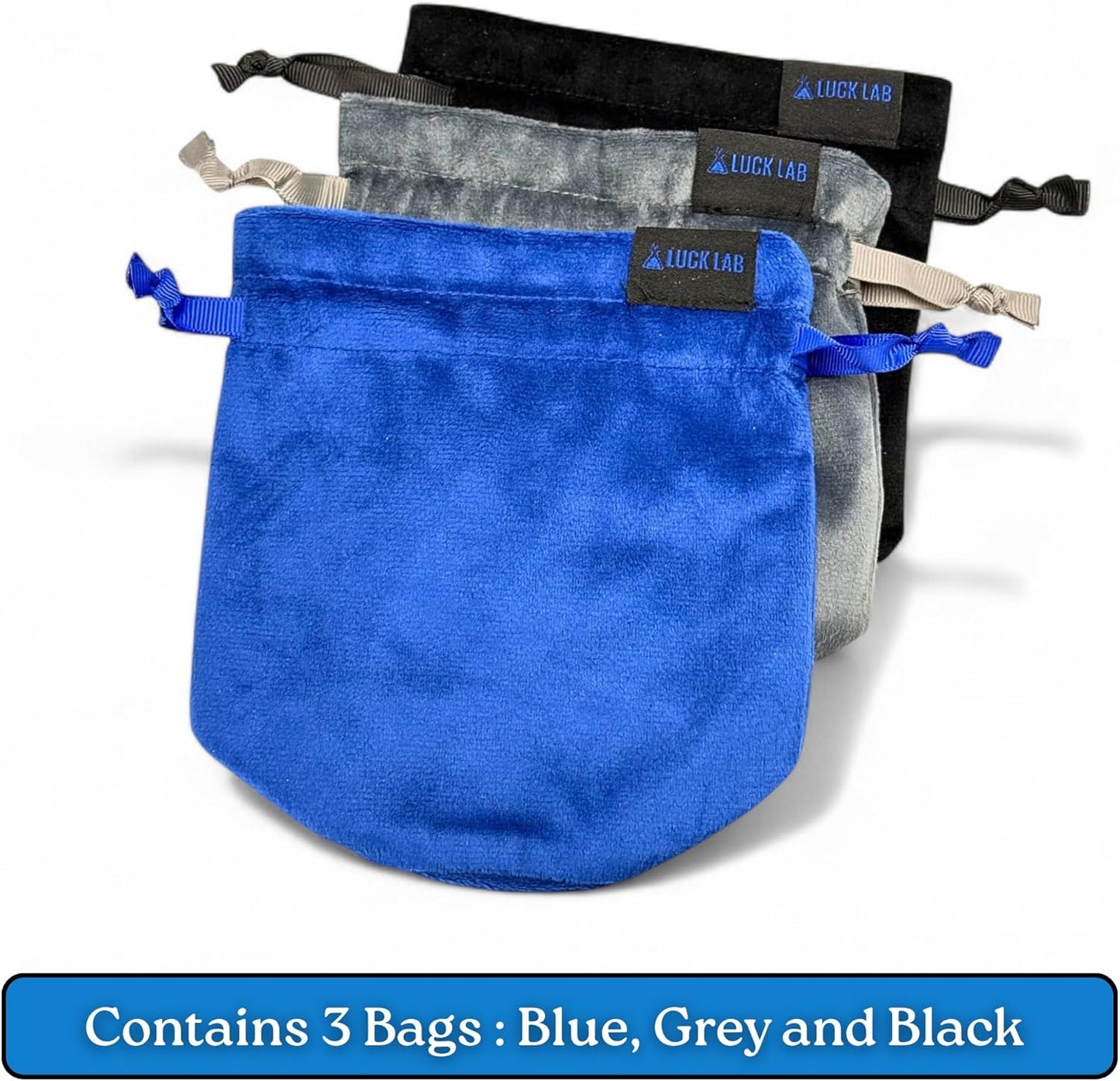 Luck Lab Velvet Drawstring Dice Bag - Set of Three Colors - Dungeons and Dragons Fabric/Standing Cotton Fabric Dice Bags/D&D Dice Pouch/Small Pouch/Velvet Jewelry Bag (Blue, Black, Grey)