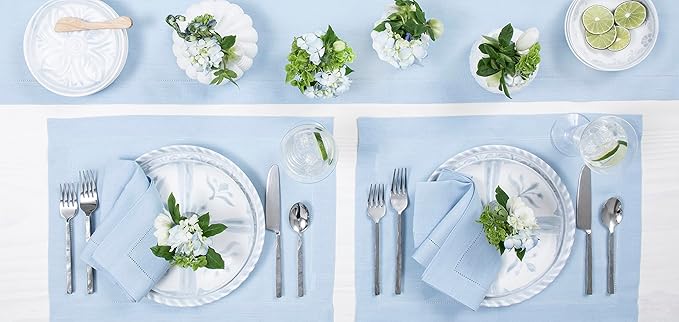 Solino Home Linen Sky Blue Table Runner 132 Inches Long - 100% Pure Linen Extra Long Table Runner 14 x 132 Inch for Spring, Easter - Classic Hemstitch