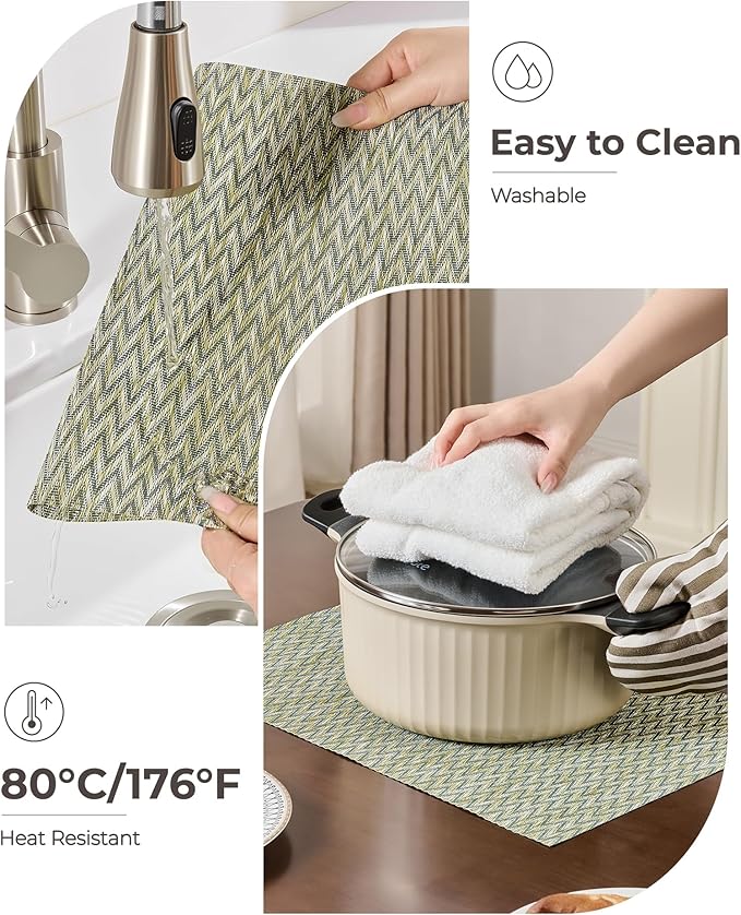Leetaltree Green Placemats Set of 4 - Heat Resistant Non-Slip Place mats for Dining Table, Washable Durable PVC Vinyl Woven Table Mats（Green Zigzag, 4）