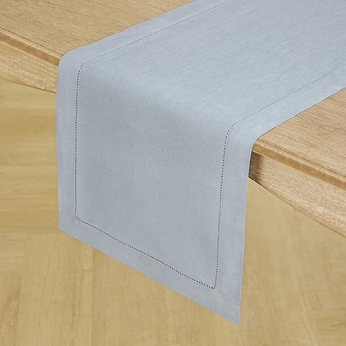 Solino Home Linen Dusty Blue Table Runner 60 Inches - Classic Hemstitch, 100% Pure Linen Coffee Table Runner 14 x 60 Inch Ideal for Dresser Tables - Winter, Spring, Easter
