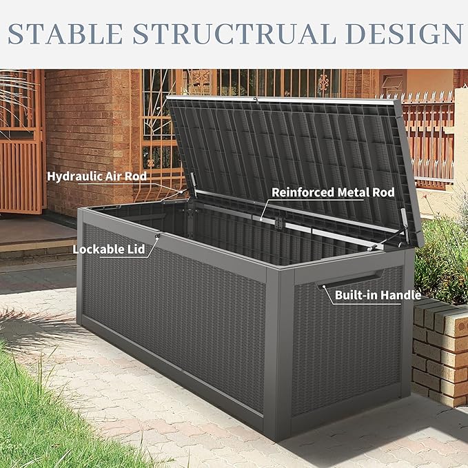 260 Gallon Large Resin deck box Waterproof,Outdoor Storage Bench,Patio Storage Box,Garden Tool Storage,Resin Large Sturdy Deck boxes with Double Wall Panels,Rattan Gray