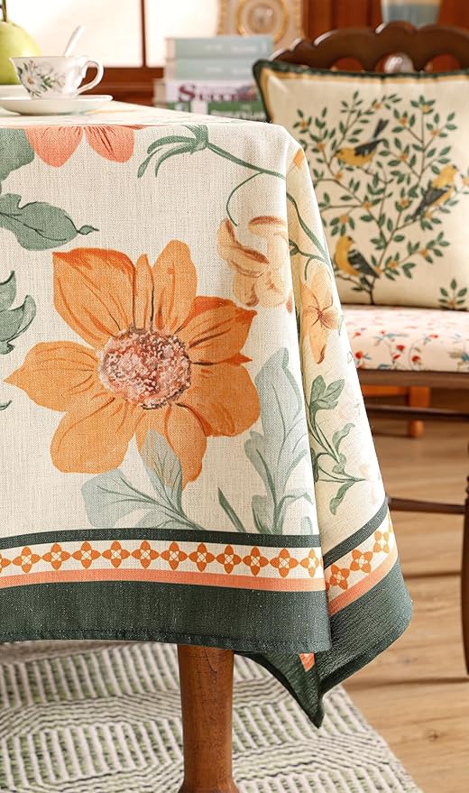 French Small Tablecloth for Rectangle Table,Linen Orange Floral Wrinkle Resistant Tablecloths,Decorative Table Cover for Kitchen,Dining,Tea Party,Thanksgiving,Christmas,55"*71"-Milch