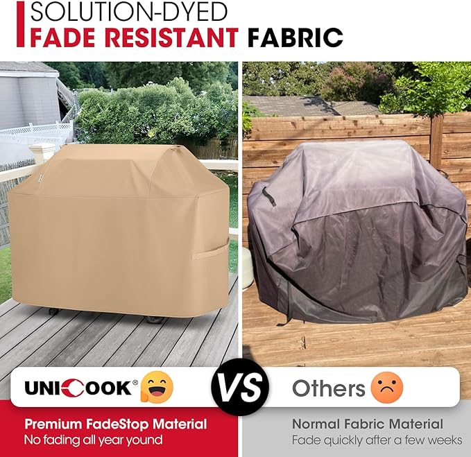 Unicook 70 Inch Grill Cover for Outdoor Grill, Heavy Duty Large BBQ Cover with Handles and Straps, Compatible with Weber Charbroil Nexgrill Kenmore Grills etc, All Weather Protection, Light Brown