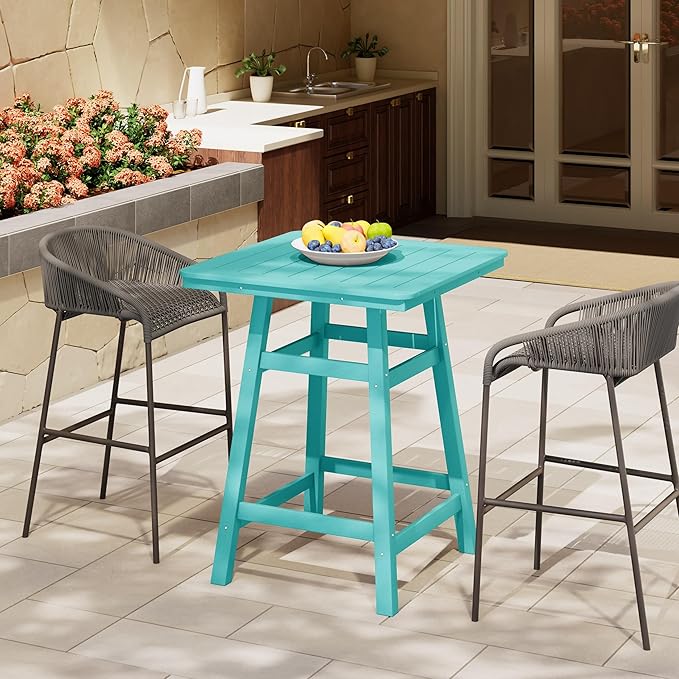 Costaelm Outdoor Bar Table, 37" Counter Height Square Patio Cocktail Bar Table with Umbrella Hole, Patio Bistro Dining Pub Table for Front Porch Deck Backyard Garden, Turquoise