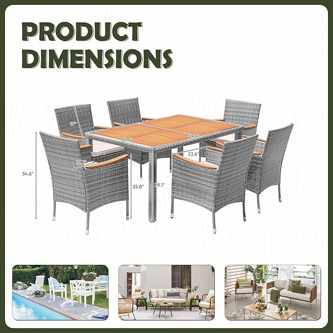 Devoko Dining 7 PCS Furniture, Patio Conversation Set with Acacia Wood Table Top, Outdoor, Beige Cushion and Grey Rattan