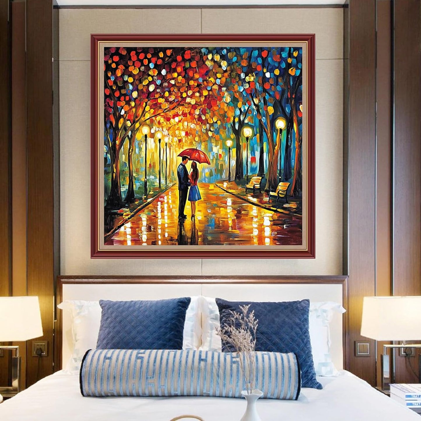 DMCXART Counted Cross Stitch Kits for Adults Needlepoint Kits Unprinted Cross Stitching Embroidery Kit 11CT Cross Stitch Supplies-Romantic Couple on a Rainy Night 18x18 inch