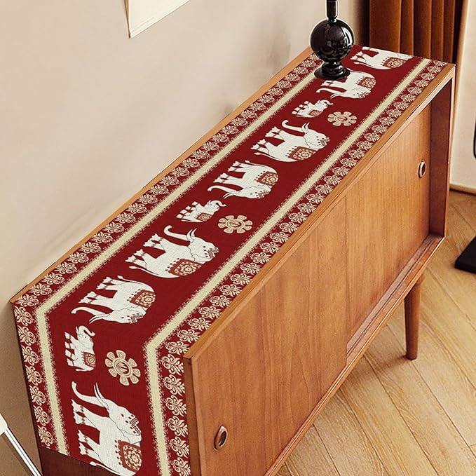 African Tribe Table Runner, Boho Red Elephants Tribal Traditional Diwali India Animal Ethnic Folk Rustic Coffee Table Center Decor for Home Kitchen Holiday Party Outdoor Table Decorations, 13"x90"