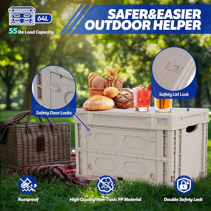 FAHKNS Collapsible Storage Bins with Lids,Stackable Utility Crates with Handles,Foldable Camping Box with 2 Side Doors,Folding Containers for Camping,Picnic,Tools,Indoor/Outdoor.