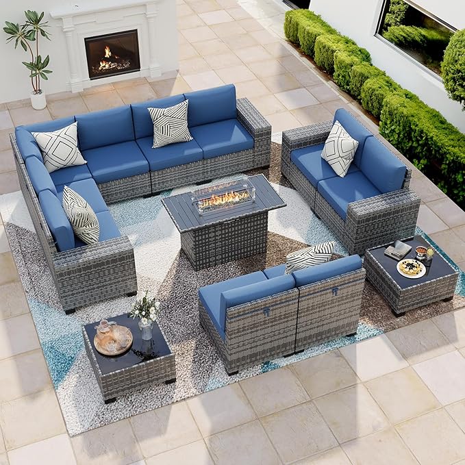 13 Piece Patio Furniture Set with Fire Pit Table, Outdoor Conversation Sets Grey Wicker Rattan Sectional Sofa, 4'' Thickened Cushion Navy Blue (Include Waterproof Cover)