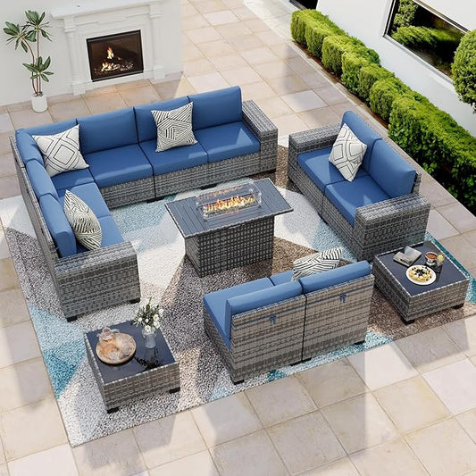 13 Piece Patio Furniture Set with Fire Pit Table, Outdoor Conversation Sets Grey Wicker Rattan Sectional Sofa, 4'' Thickened Cushion Navy Blue (Include Waterproof Cover)