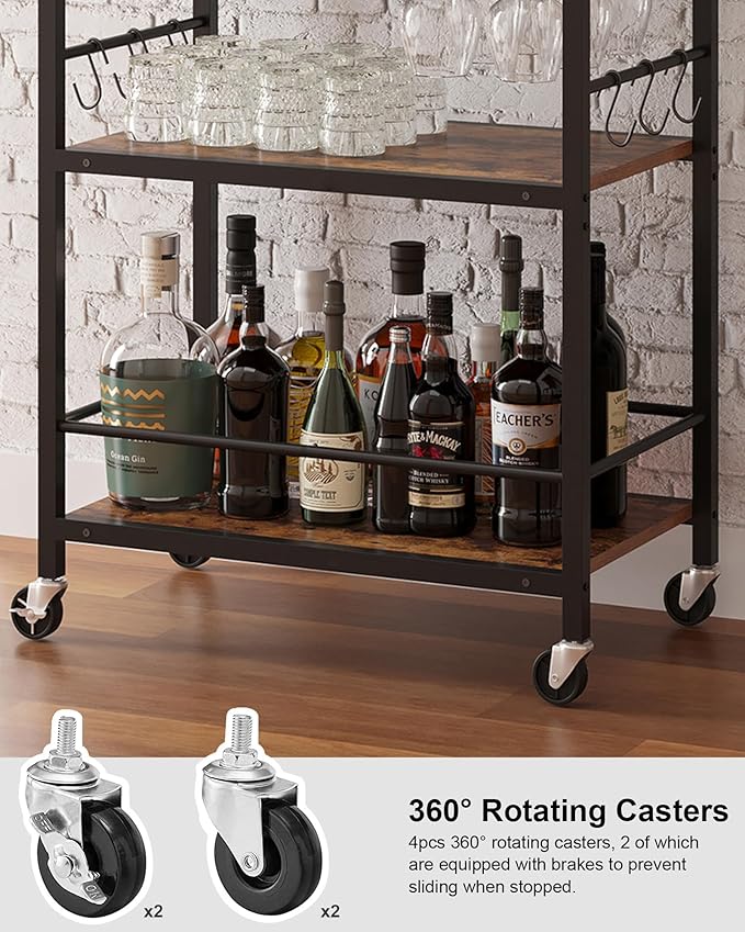 TUTOTAK Bar Cart, Home Bar Serving Cart, Microwave Cart, Drink Cart, Mobile Kitchen Shelf with Wine Rack and Glass Holder, Rolling Beverage Cart for Living Room, Kitchen, Brown BC01BB032