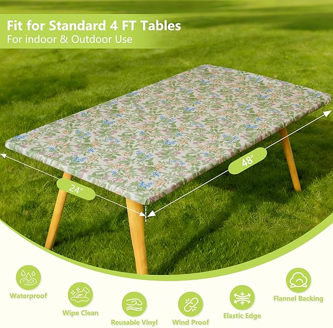 Rectangle Picnic Table Cloth, Elastic Waterproof Fitted Vinyl Tablecloths for 4 Foot Tables, Wipeable Flannel Backed Table Covers for Dining, Camping, Outdoor(Mulberry,24"x48")