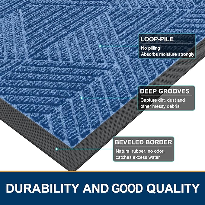 Smiry Front Door Mat Outside Entrance, Heavy Duty Sturdy Natural Rubber Doormat, Trap Dirt and Moisture, Easy Clean Low Profile Mats for Indoor Outdoor Entry, Irregular Triangle (59x35, Blue)