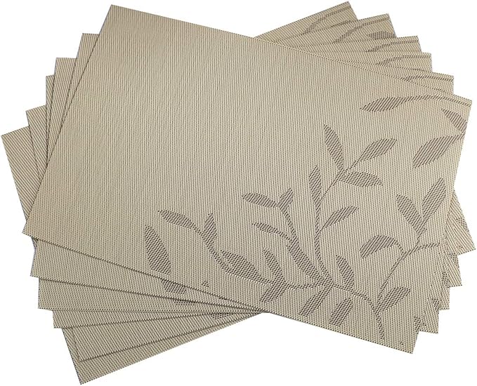 Gugrida Place Mats PVC Set of 6, Table Placemats Set of 6 PVC Washable Woven Vinyl Place Mats Heat Insulation Top Meal Mat Table Mats Natural Color (6 pcs, Gold Leaves), 18 x 12 inches
