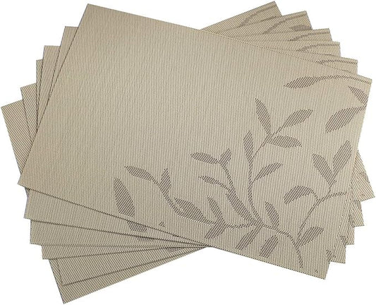 Gugrida Place Mats PVC Set of 6, Table Placemats Set of 6 PVC Washable Woven Vinyl Place Mats Heat Insulation Top Meal Mat Table Mats Natural Color (6 pcs, Gold Leaves), 18 x 12 inches