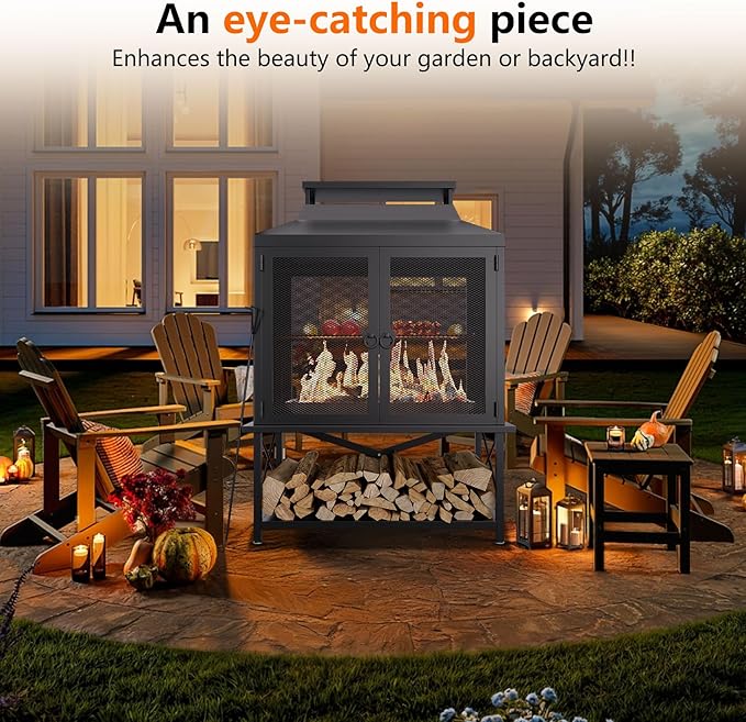 2-in-1 Metal Chiminea Fireplace with Grill,Wood Burning Outdoor Fireplace with Wood Storage, Chimney,Metal Mesh Spark Screen,and Fire Tongs Ideal for Yards,Patios, Gardens,Camping,and Picnics