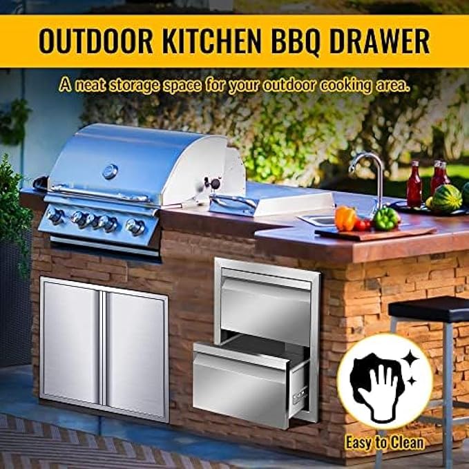 Outdoor Kitchen Drawers, Box Frame Style Flush Mount BBQ Drawer w/Stainless Steel Handle, BBQ Island Drawers For Patio Grill Station,Double Drawers