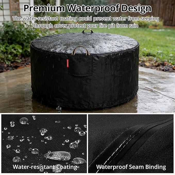 [2025 Upgraded 900D Fabric] Fire Pit Cover Round for 45-48 inch Fire Pit, 900D Heavy Duty Waterproof Fireplace Cover with Air Vent, Handle & Tightening Drawstring, 48"Dia x 24"H -Black