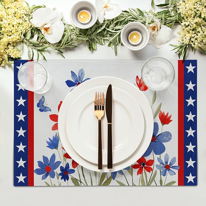 Giwawa 4th of July Placemats Set of 4 Watercolor Patriotic Flowers Stars Table Mats 12x18 Inch Independence Day Floral Heat Resistant Washable Linen Place Mat for Kitchen Dining Party Decor