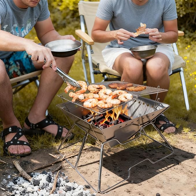 Lineslife Foldable Fire Pit with Grill for Camping Collapsible Portable Fire Pit with Campfire Grill & Tote Bag for Backyard, Patio, Picnic, BBQ