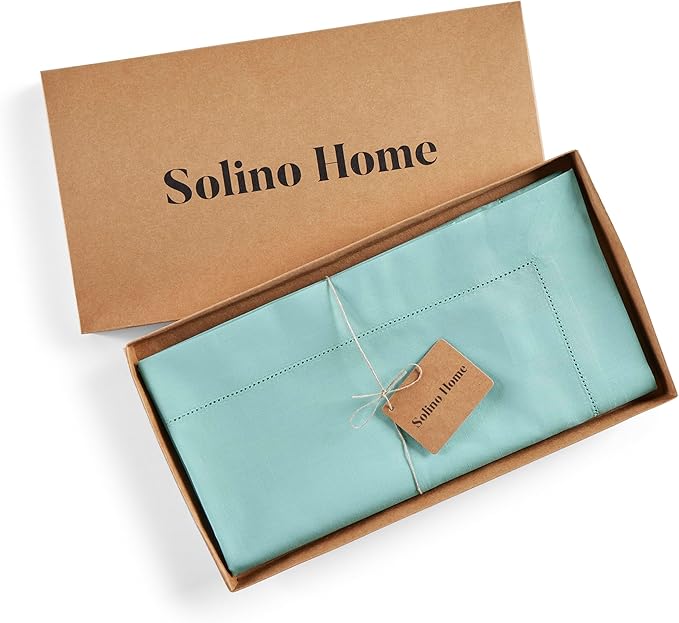 Solino Home Cotton Linen Pastel Turquoise Table Runner 72 Inches Long - Hemstitch Table Runner 14 x 72 Inch for Dresser, Dining, Spring, Easter