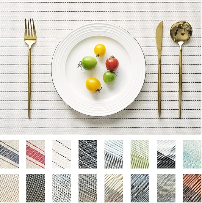 Placemats Set of 8 Vinyl/Plastic Woven Place Mats for Kitchen Table Indoor/Outdoor Washable Placemat Wipeable Dining Table Mats (White Stripes,8)