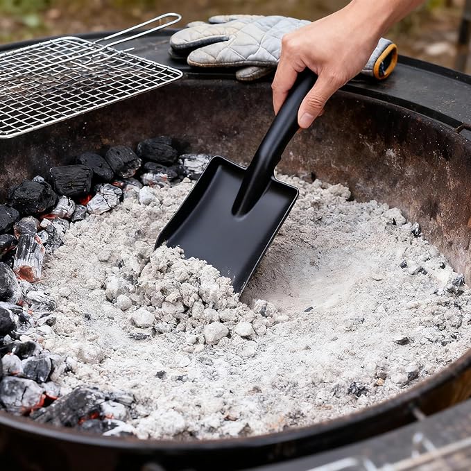 Metal Garden Ash Shovel, Black Steel, Compact Size with Leather Strap, for Fireplace, BBQ, Charcoal Cleanup
