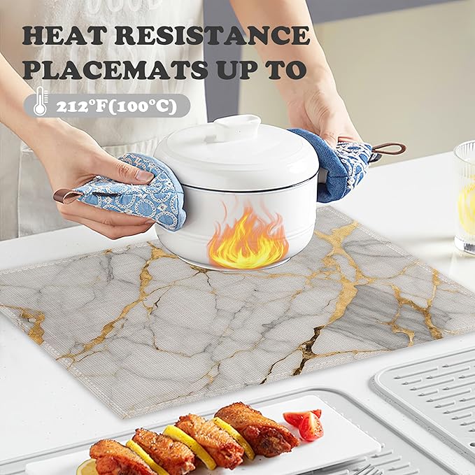 Placemats Set of 6,White Gold Marble Linen Table Mats Abstract Heat Resistant Place Mats Washable Dining Table Mats for Indoor Outdoor Kitchen Decor Easy Clean 12 x 18 Inch