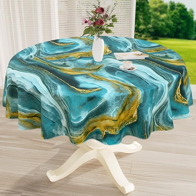 misaya Round Waterproof Vinyl Table Cloth, Wipeable Tablecloth with Flannel Backing, Plastic Table Cover for Dinner, Picnic, Indoor and Outdoor (Ripples, 60")