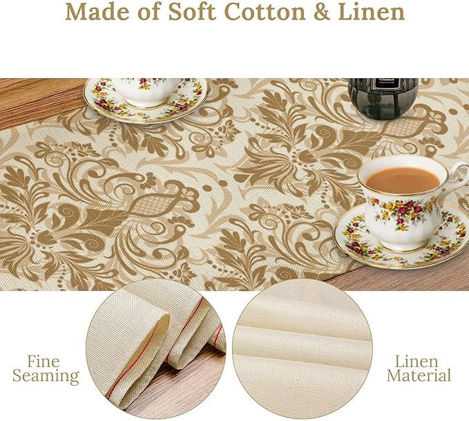 Damask Table Runner, Rustic Gothic Gold Baroque Style Floral Bohemian Boho Flower Antique Vintage Coffee Table Center Decor for Kitchen and Dining Outdoor Country Party Table Decorations, 13"x72"