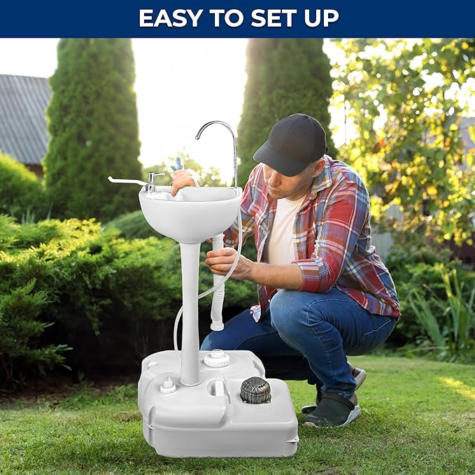 SereneLife Portable Camping Sink – Hand Washing Station with Foot Pump, 17L Fresh Water Tank, 24L Waste Tank, Soap Dispenser, Rolling Wheels & Quick Assembly for RV, Outdoor Events & Job Sites